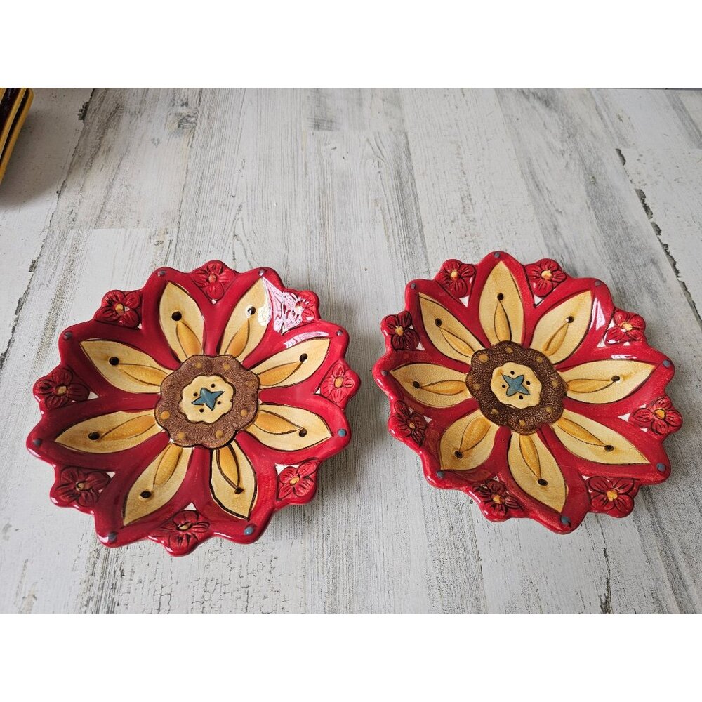 Pier 1 carynthum flower plate dessert salad red earthenware‎ Bohemian unique set